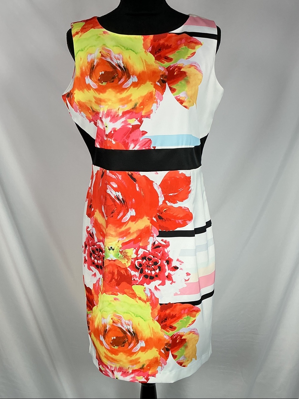Klimeda NWT Floral Midi Sheath Dress Cutout Back Red Yellow White Wedding Guest